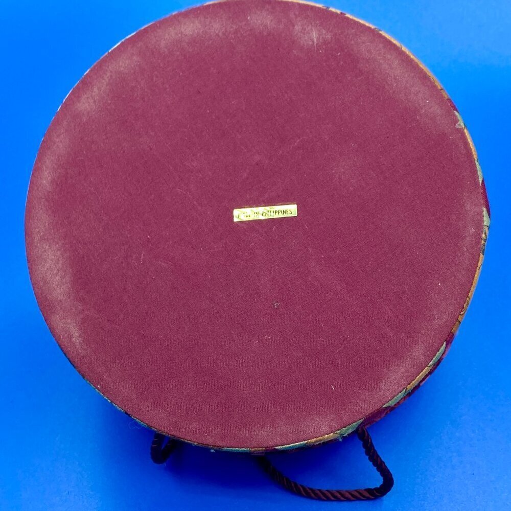 Vintage Round Bonnet Pin Cushion and Sewing Notions Box 8 Inside Pockets Maroon - Picture 6 of 6